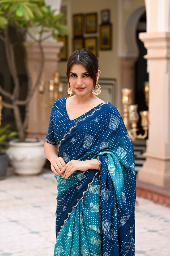 Turquoise Blue and Green Bandhani Saree With Mirror , Aari and Sequence work